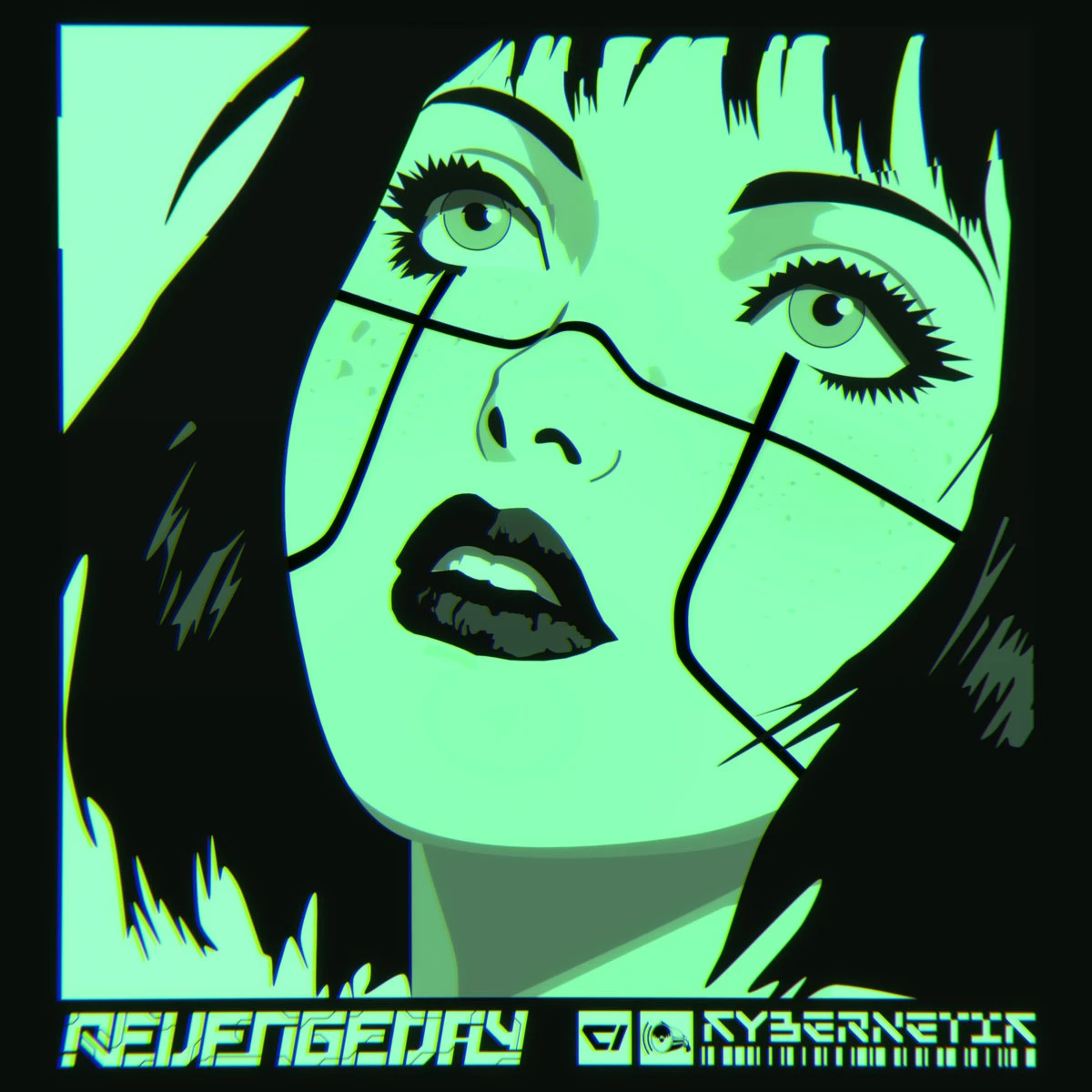 A cartoon portrait in black and green of a woman looking upwards in the void. She has dark hair and bright eyes. Her make-up gives her a look that is very cyber. Bellow her the name of the artist and the title of the record separated by the record-label logos